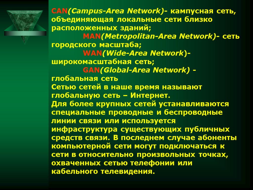 CAN(Campus-Area Network)- кампусная сеть, объединяющая локальные сети близко расположенных зданий; MAN(Metropolitan-Area Network)- сеть городского